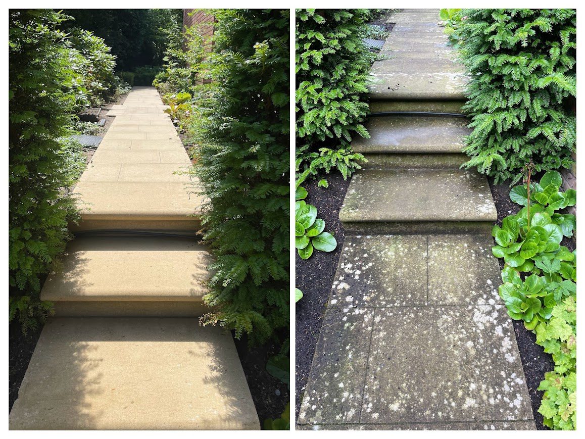 Before and after image of patio walk way that has been cleaned with the beast patio cleaner uk HR Total Power Clean, the image shows algae removal & black spot removal, leaving the patio looking amazing and clean.