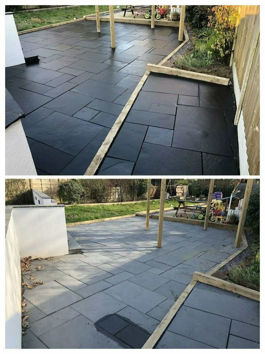 Black Limestone sealer on a limestone floor, before and after image of the sealer and how its bring out the colour in the stone and protecting it from water and oil based stains.