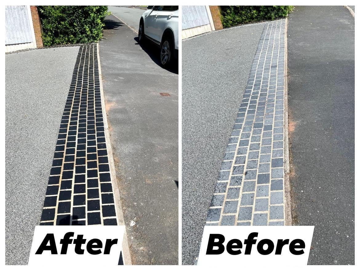 HR Colour Enhancer on Black Limestone cobble setts on a driveway.