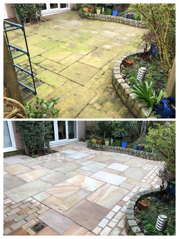Patio Revival: A Before and After Showcase Before and after comparison of a patio cleaning: the top image shows the patio with moss and stains before cleaning, and the bottom image shows the same patio looking vibrant and clean after using HR Total Power Clean.