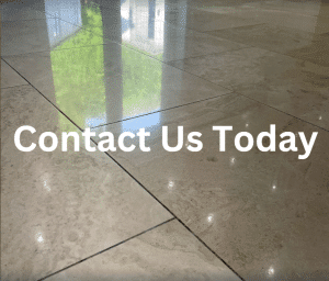 Gleaming marble floor with 'Contact Us Today' text, showcasing Hardfloor Restoration LTD's services.