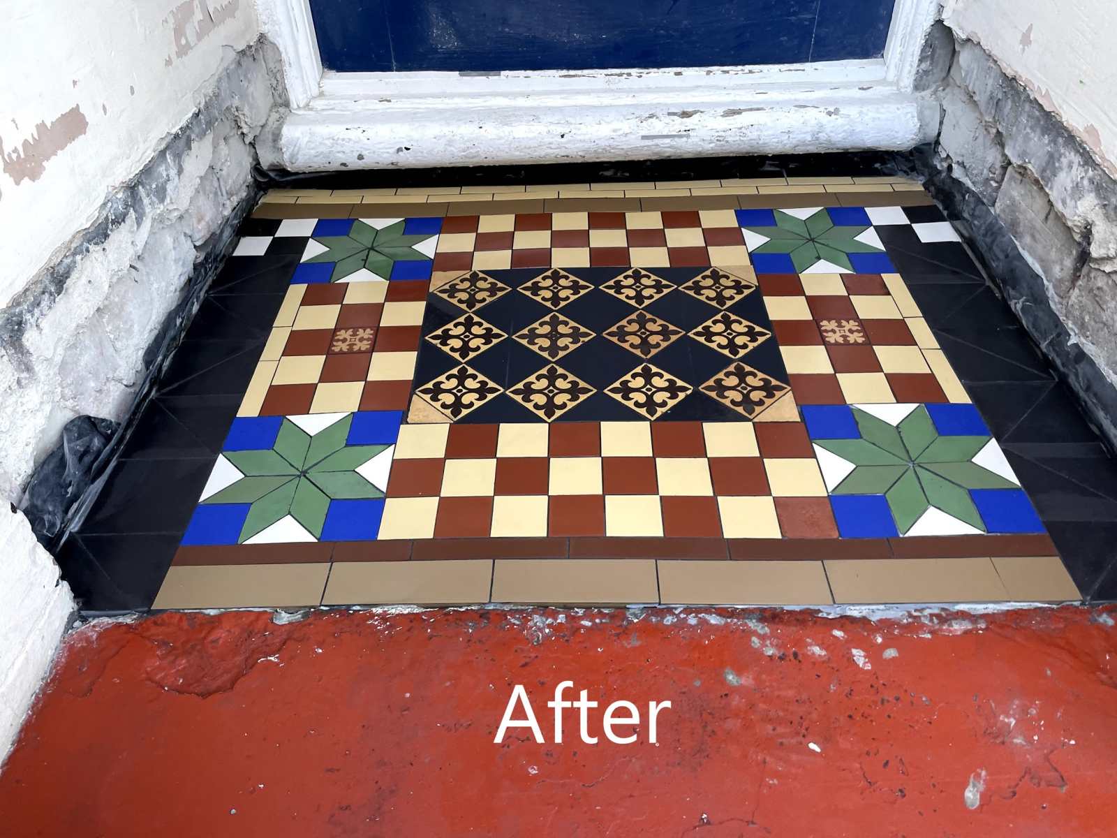 Fully restored Victorian porch entrance with colorful, patterned tiles by Hardfloor Restoration Ltd.