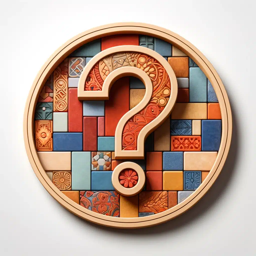Stylized question mark centerpiece in a mosaic of colorful Indian sandstone tiles.