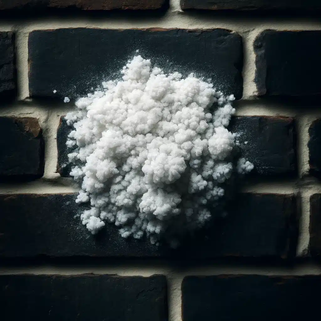 Close-up view of white efflorescence on a dark brick wall, highlighting the salt deposits.