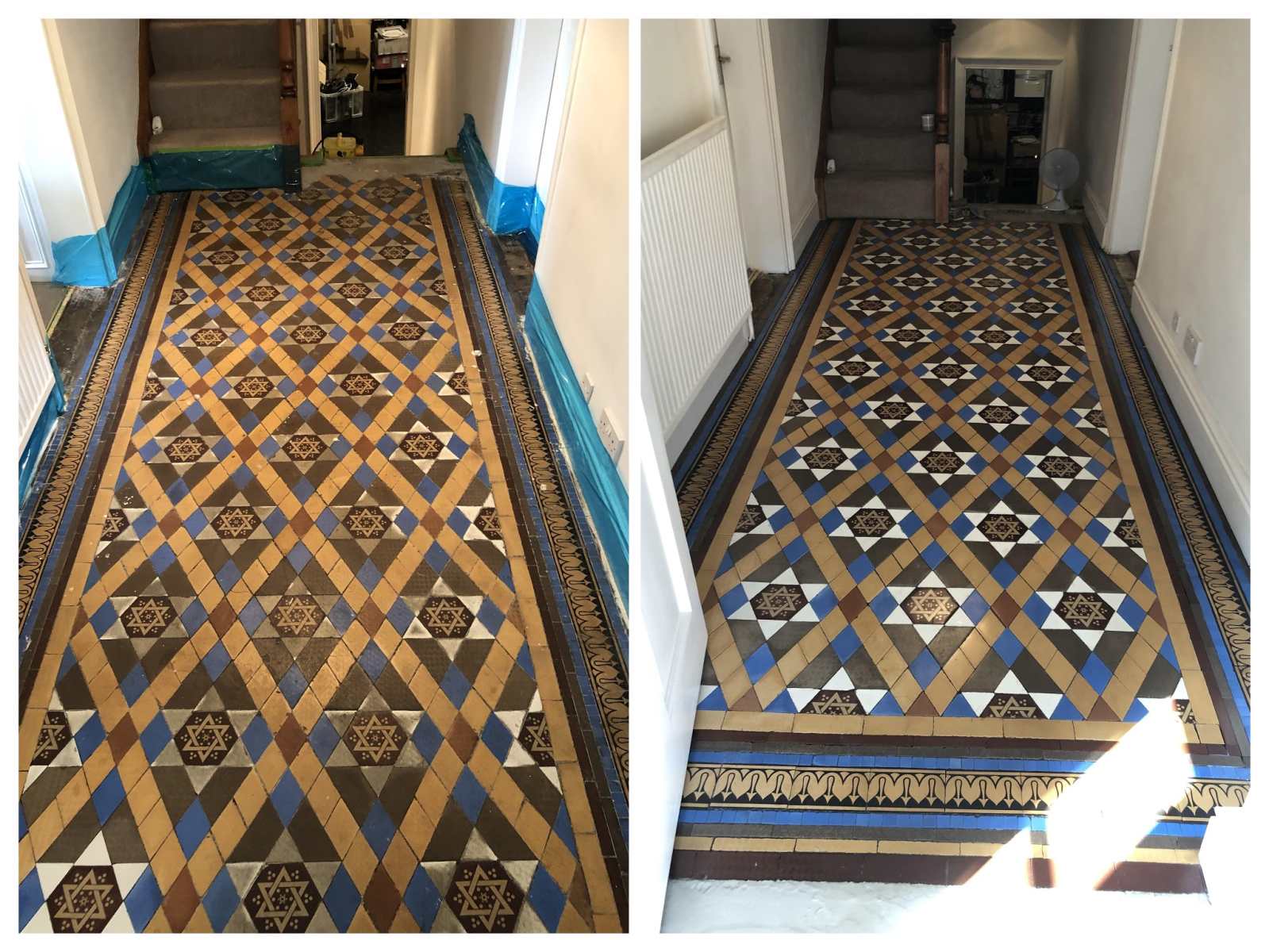Before and After of a victorian tile floor restoration and cleaning